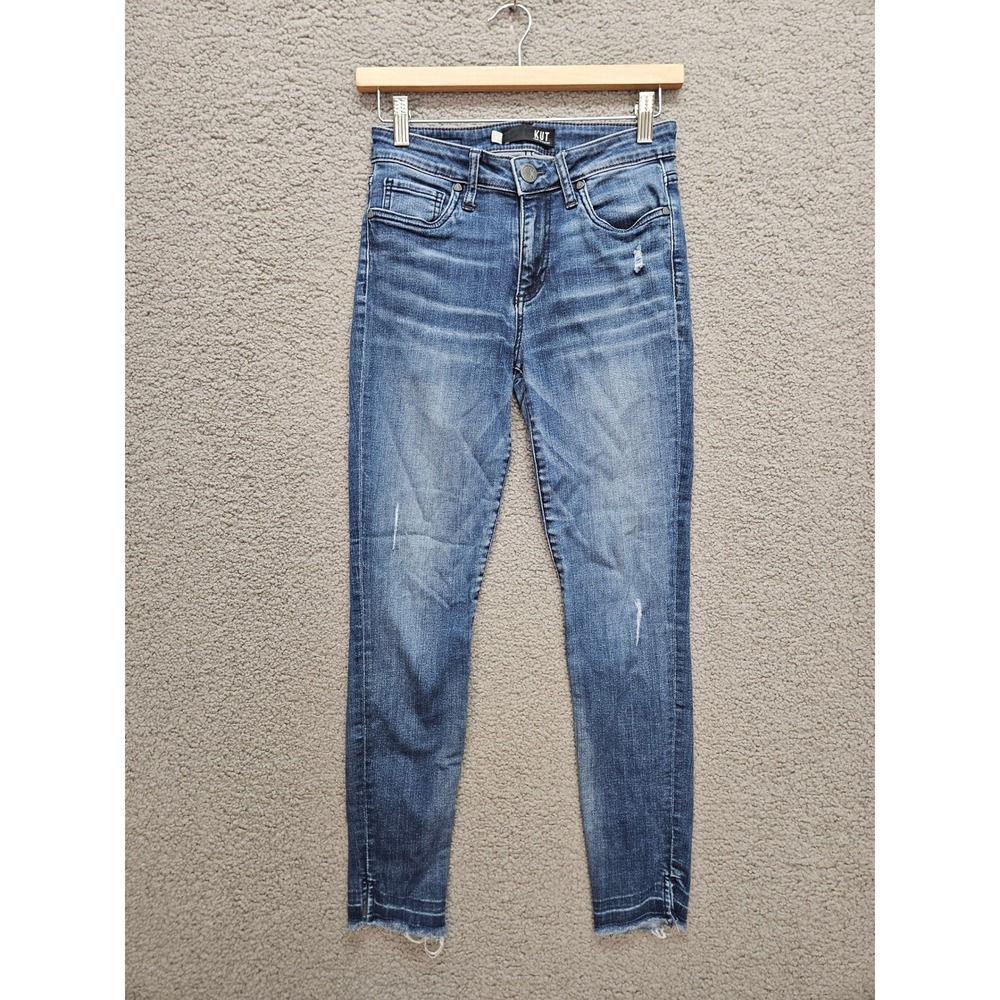 Kut from the Kloth Donna Ankle Skinny Jeans 0 Blue Distressed Raw Hem Stretch